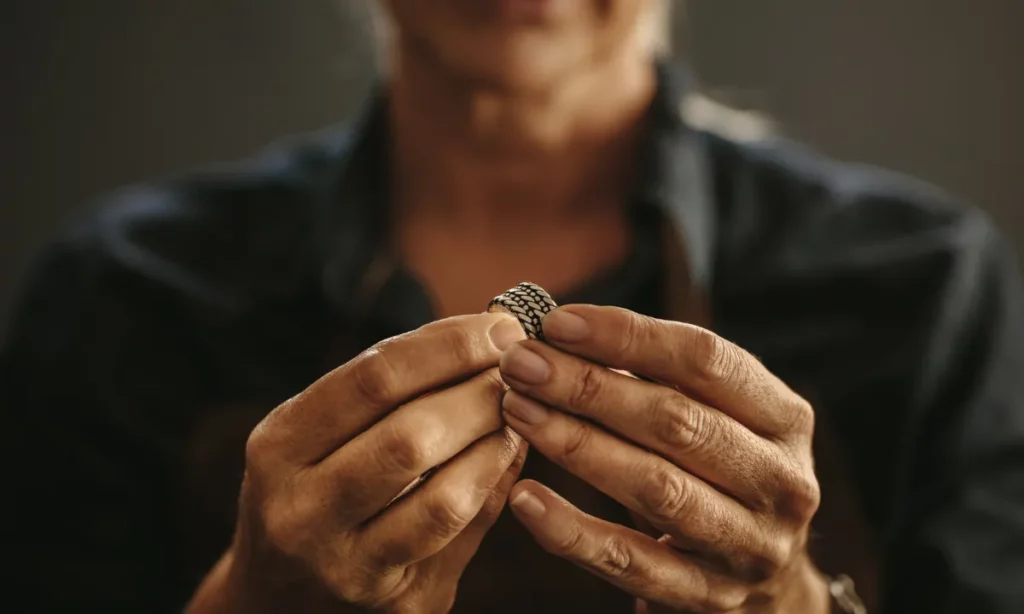 girl holding gold ring band