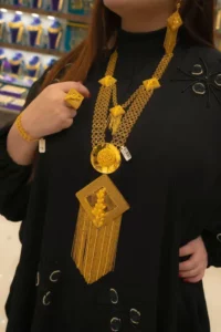 woman wearing statement necklace