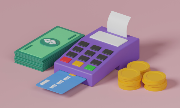 cash, card payment machine, and coins